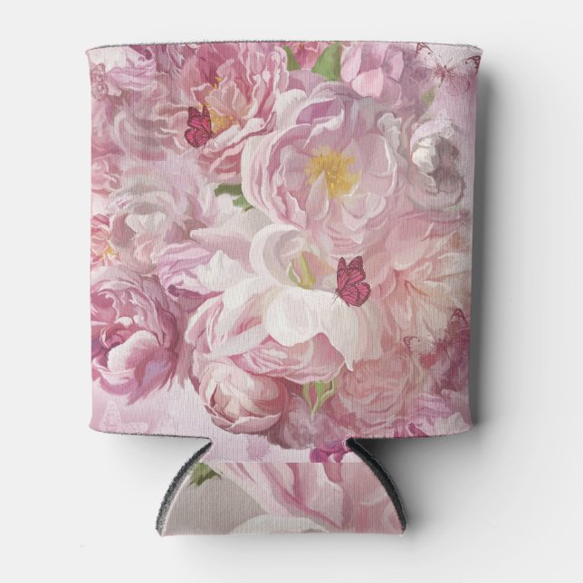 Pink Flowers Oil Painting: Delicate Can Cooler (Front)