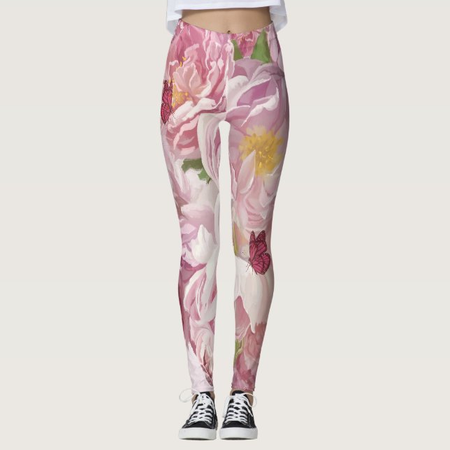 Pink Flowers Oil Painting: Delicate Leggings (Front)
