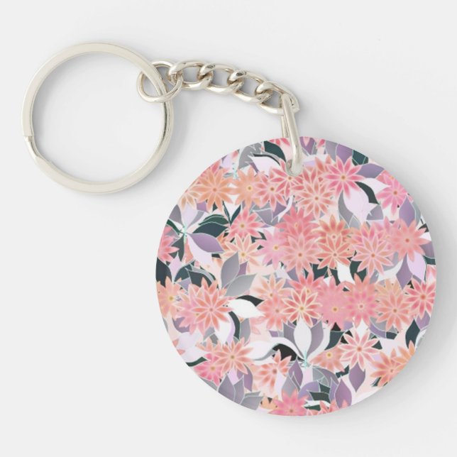 Pink flowers on a background of silver leaves key ring (Front)