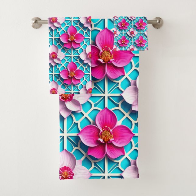 Pink Flowers on a Geometric Blue Background Bath Towel Set (Insitu)