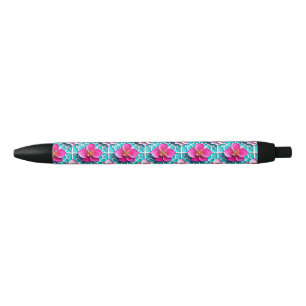 Pink Flowers on a Geometric Blue Background Black Ink Pen