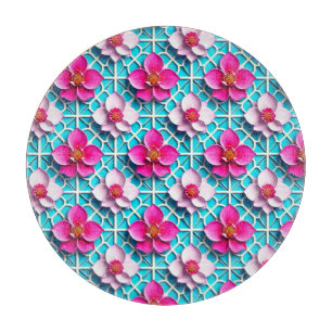 Pink Flowers on a Geometric Blue Background Cutting Board