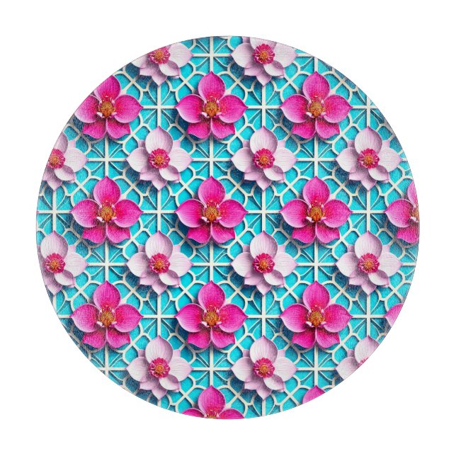 Pink Flowers on a Geometric Blue Background Cutting Board (Front)
