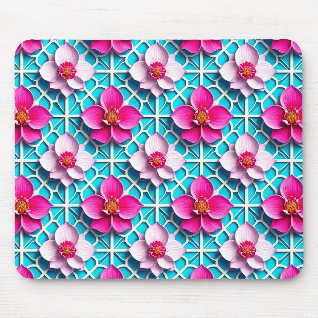 Pink Flowers on a Geometric Blue Background Mouse Pad (Front)