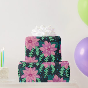 Pink Flowers on Black Print  Wrapping Paper