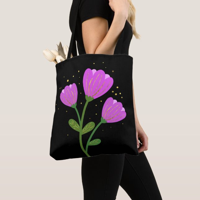 Pink Flowers on Black Tote Bag (Close Up)