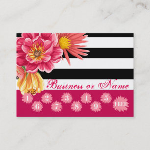 Pink Flowers on Black White Stripes Loyalty Reward Card