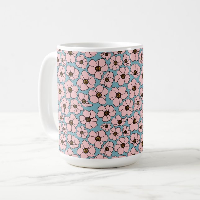 Pink Flowers On Blue   Coffee Mug (Front Left)