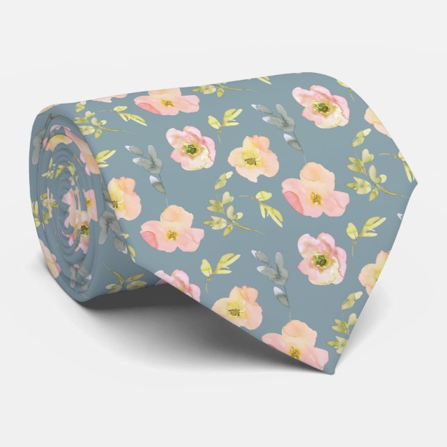 Pink Flowers on Blue Grey Neck Tie (Rolled)