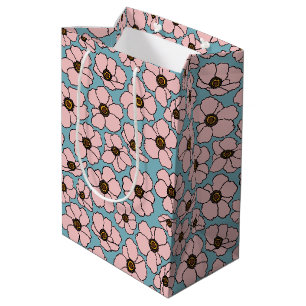 Pink Flowers On Blue Medium Gift Bag