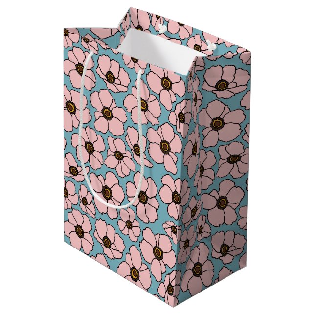 Pink Flowers On Blue Medium Gift Bag (Back Angled)