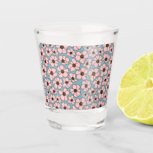 Pink Flowers On Blue Shot Glass