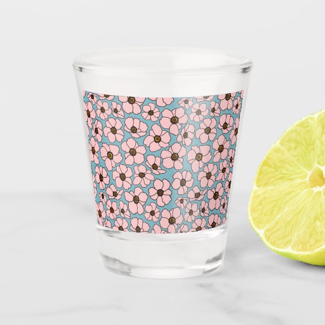 Pink Flowers On Blue  Shot Glass (Front)