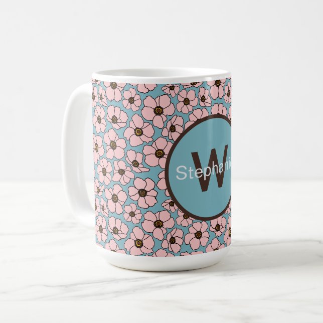 Pink Flowers On Blue With Monogram  Coffee Mug (Front Left)