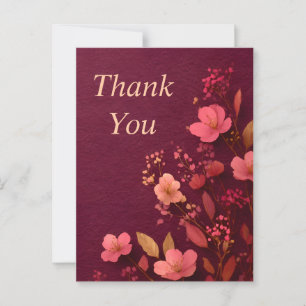 Pink Flowers on Burgundy Paper Thank You Card