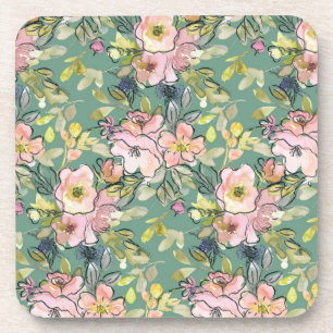 Pink Flowers on Green Coaster