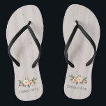 Pink Flowers on Light Weathered Wood Jandals<br><div class="desc">These flip flops are adorned with floral pink and feather bouquets that complement the watercolor wood background. These match the wedding totes in the collection and are perfect for a bridal party as well as for anyone who is looking for bohemian chic flip flops. Personalise with a name for a...</div>