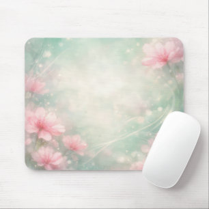 Pink Flowers On Mint Green Ethereal Abstract Mouse Pad