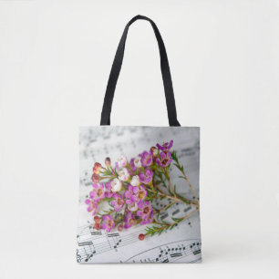 pink flowers on music tote bag