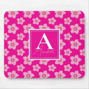 Pink Flowers On Pink Background Monogram Mouse Pad