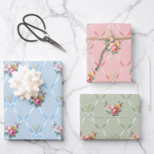 Pink Flowers on Pink, Green & Blue Ribbon Trellis Wrapping Paper Sheet