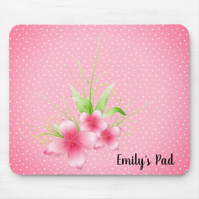 Pink Flowers on Polka Dots Mouse Pad (Front)