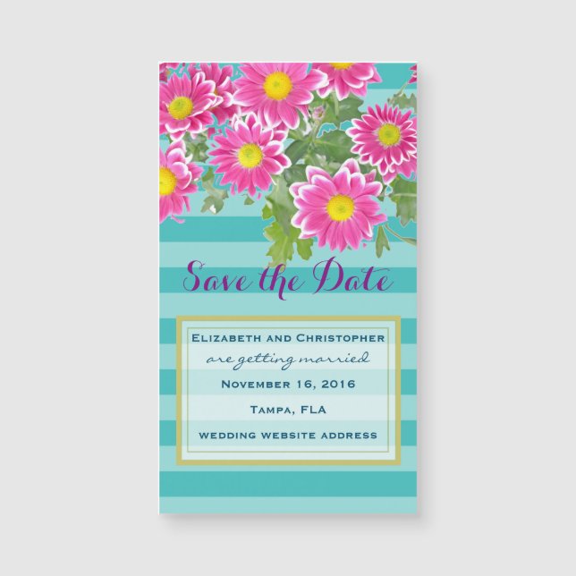 Pink Flowers on Turquoise Stripes Save The Date (Front)