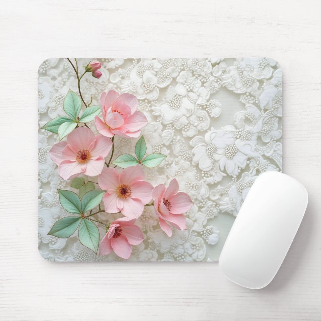 Pink Flowers On White Bridal Lace Mouse Pad (With Mouse)