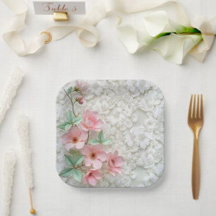 Pink Flowers On White Bridal Lace Paper Plate
