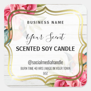 Pink Flowers On Wood Scented Soy Candle Labels