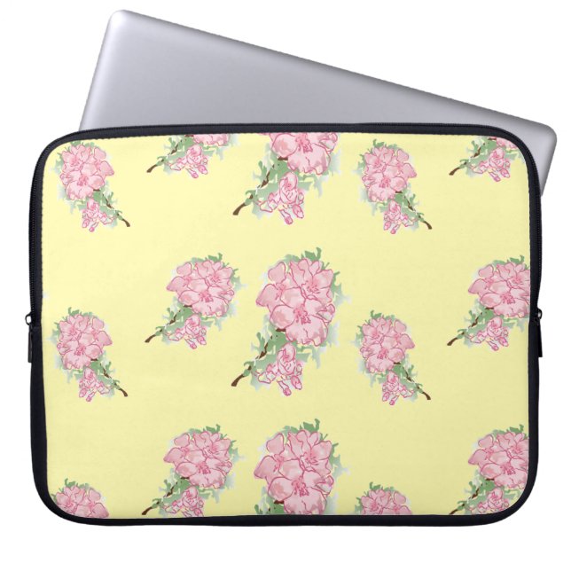Pink flowers on yellow laptop sleeve (Front)