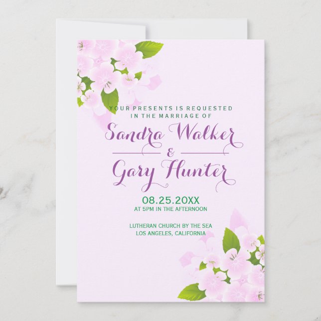 Pink Flowers Over Light Pink Background Wedding Invitation (Front)
