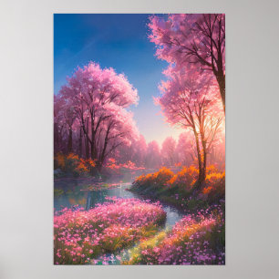 Pink Flowers Overgrowing the Forest Swamp Poster