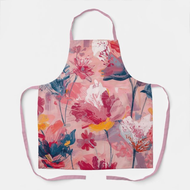 Pink Flowers Painted Brushtrokes Botanical Pattern Apron (Front)