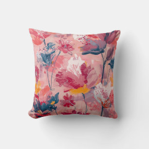 Pink Flowers Painted Brushtrokes Botanical Pattern Cushion