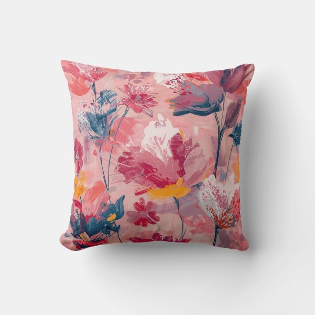 Pink Flowers Painted Brushtrokes Botanical Pattern Cushion (Front)