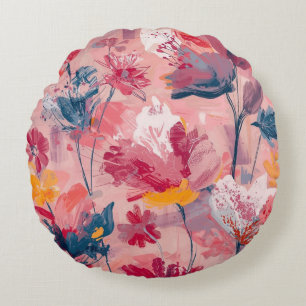 Pink Flowers Painted Brushtrokes Botanical Pattern Round Cushion