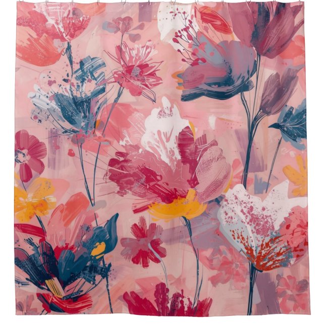 Pink Flowers Painted Brushtrokes Botanical Pattern Shower Curtain (Front)