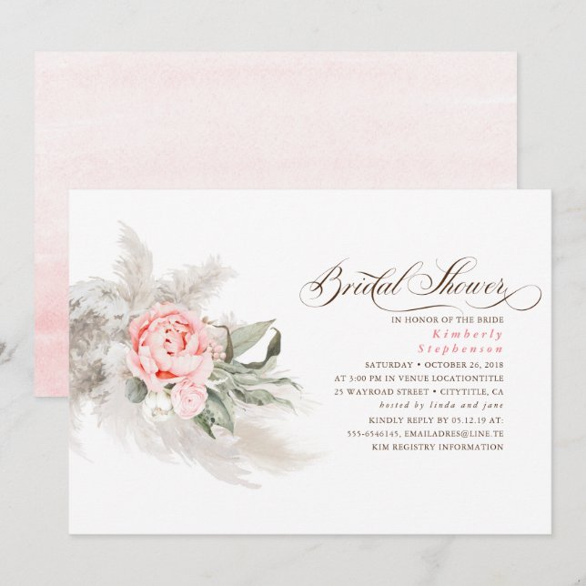 Pink Flowers Pampas Grass Elegant Bridal Shower Invitation (Front/Back)