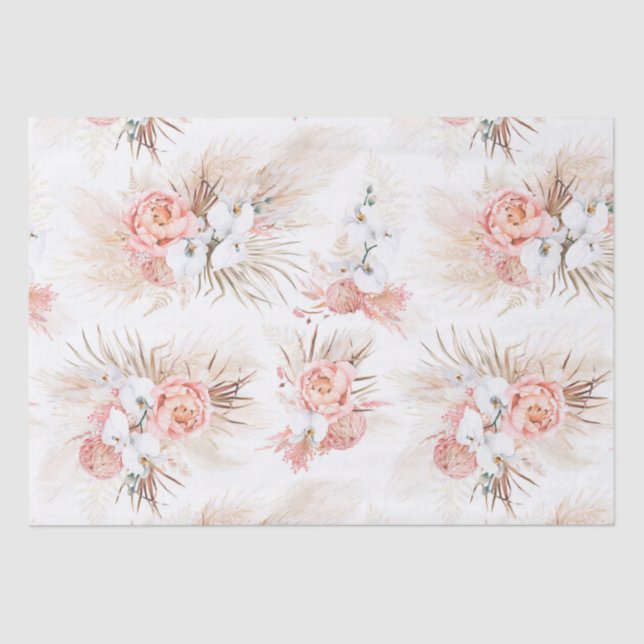Pink Flowers Pampas Grass Tropical Bohemian Tissue Paper (Front)