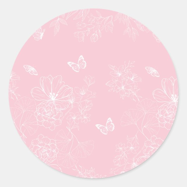 Pink Flowers Pattern, Floral, Pattern, Minimalist Classic Round Sticker (Front)