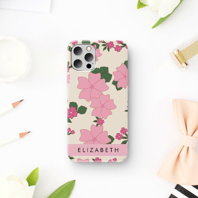 Pink Flowers, Pattern Of Flowers, Your Name iPhone 16 Case (Creator Uploaded)