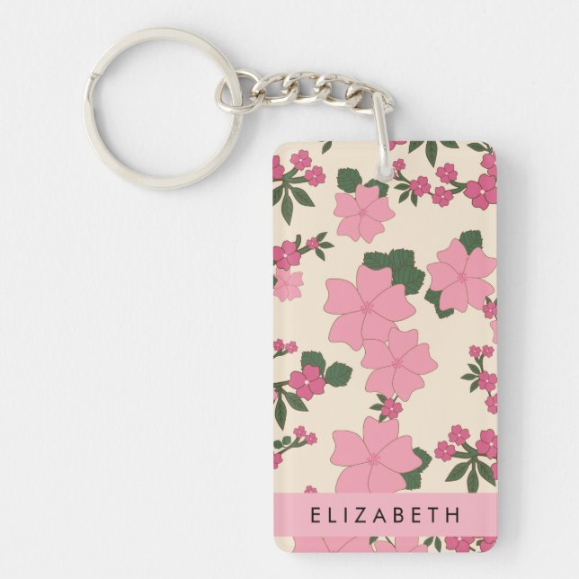 Pink Flowers, Pattern Of Flowers, Your Name Key Ring (Front)