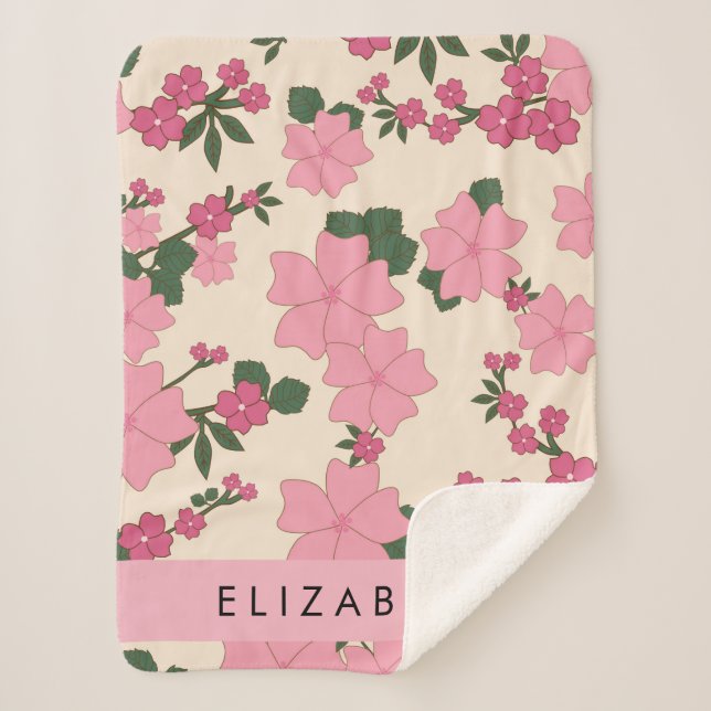 Pink Flowers, Pattern Of Flowers, Your Name Sherpa Blanket (Front)