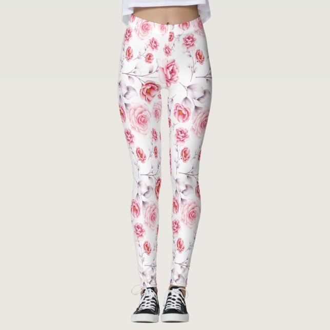 Pink flowers pattern over white leggings (Front)