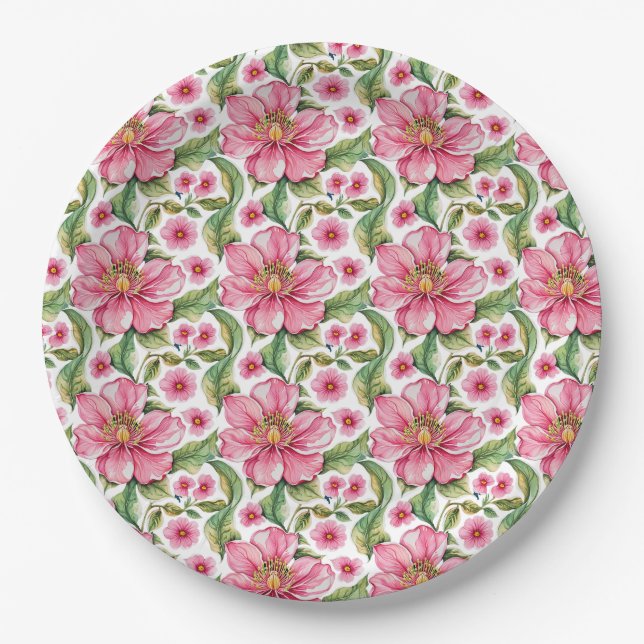 Pink Flowers Pattern Paper Plate (Front)