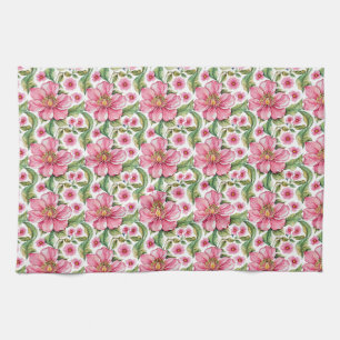 Pink Flowers Pattern Tea Towel