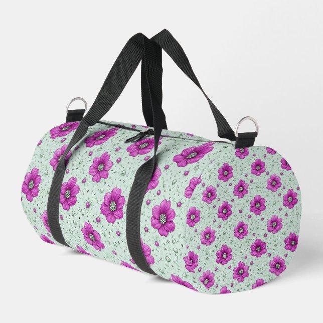 Pink Flowers Pattern With Droplets Duffle Bag (Left Corner)