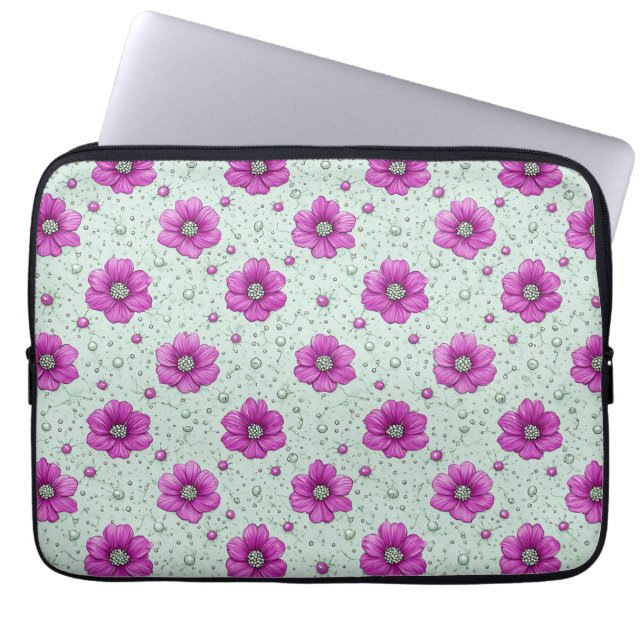 Pink Flowers Pattern With Droplets Laptop Sleeve (Front)