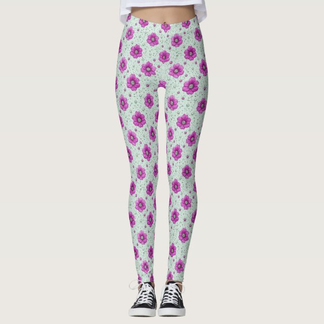 Pink Flowers Pattern With Droplets Leggings (Front)